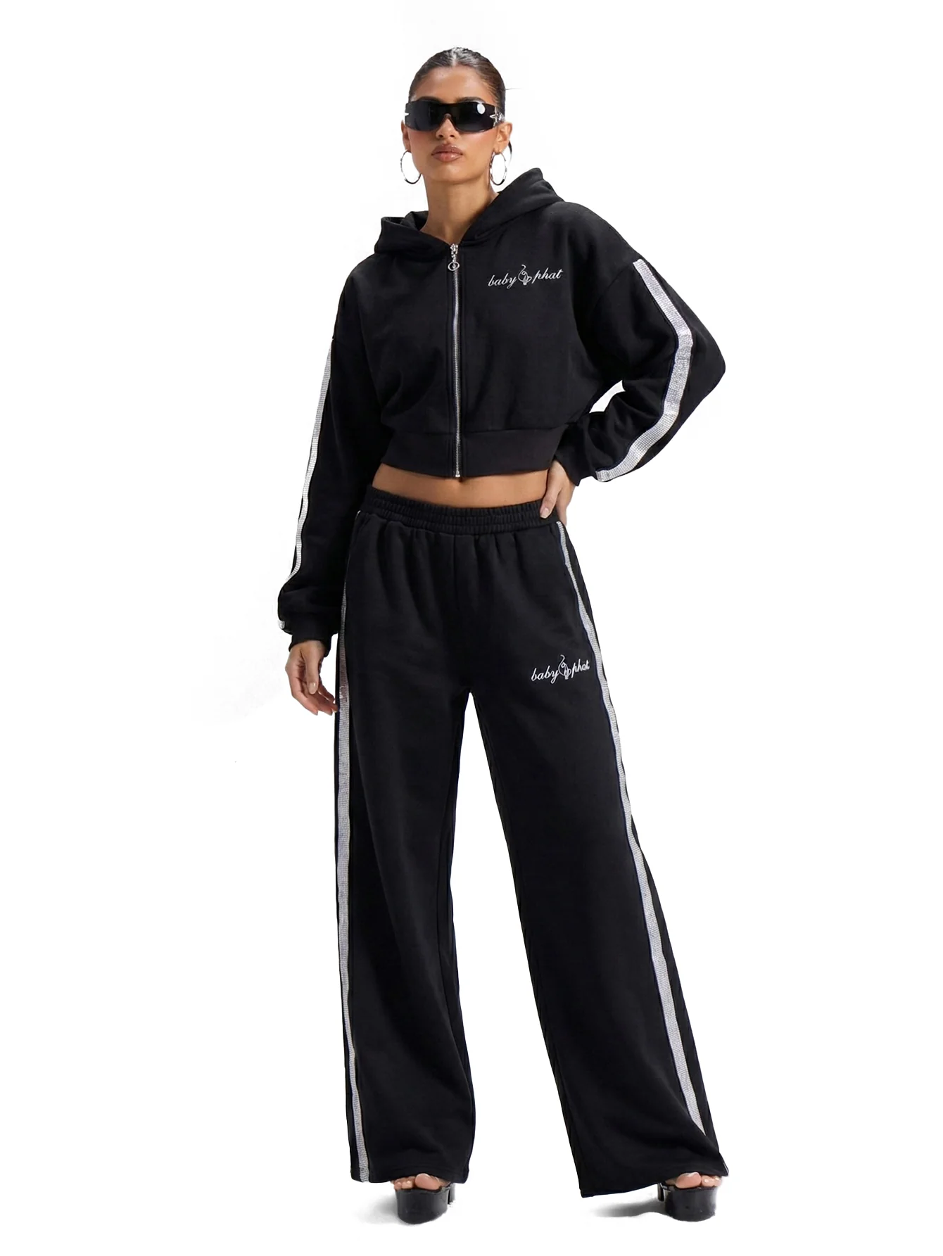 Cropped Hoodie With Rhinestone Trim - Image 3