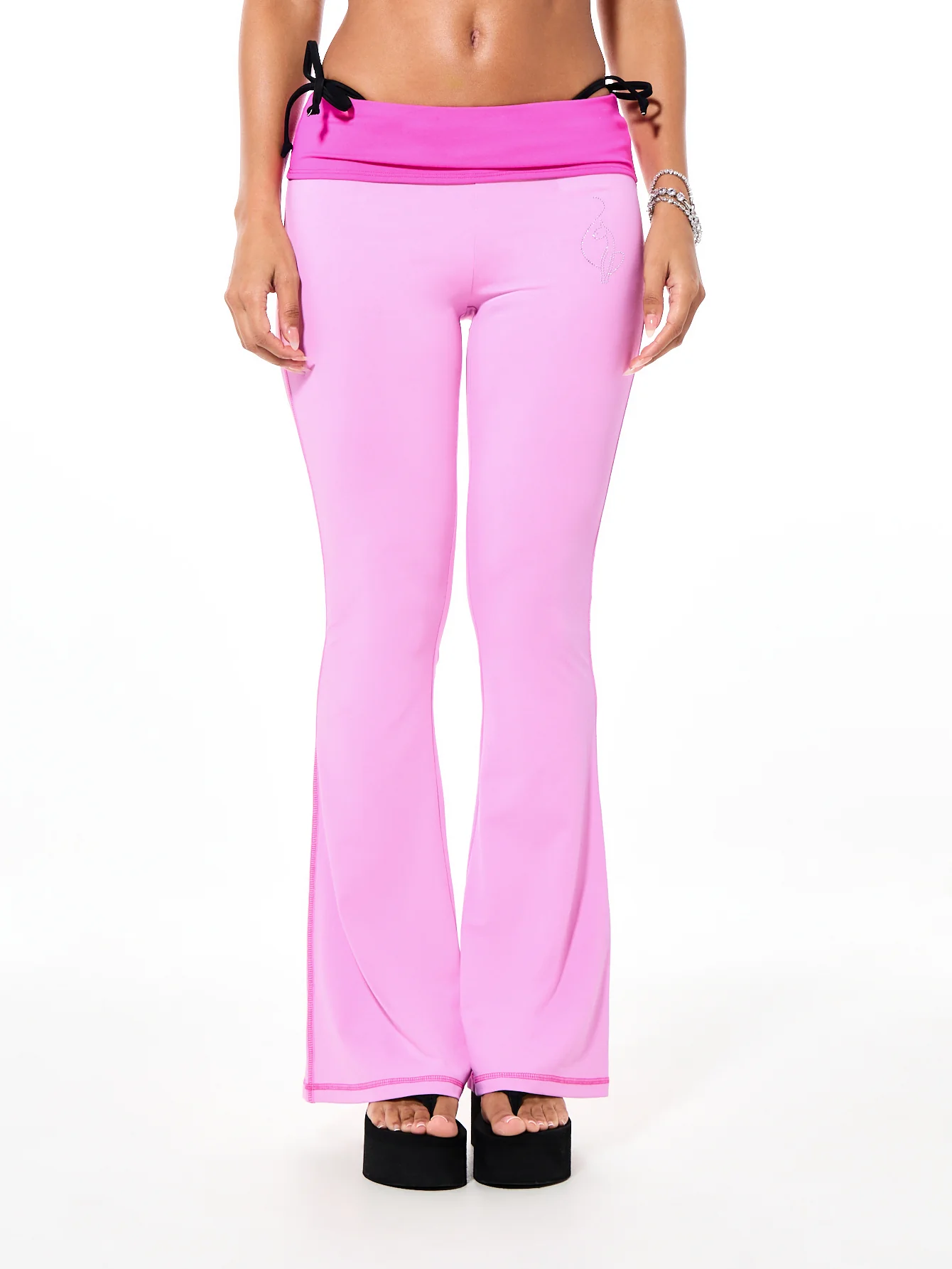 Foldover Flare Leggings with Contrast Waistband with Rhinestones - Image 2
