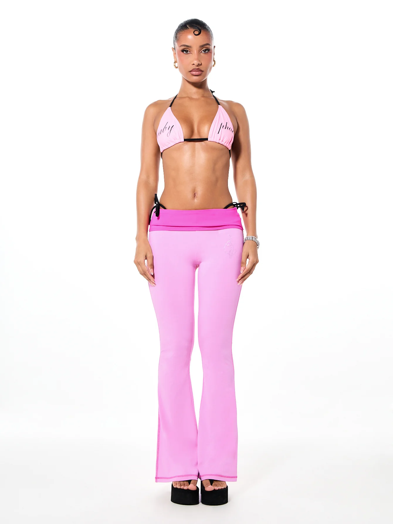 Foldover Flare Leggings with Contrast Waistband with Rhinestones - Image 5