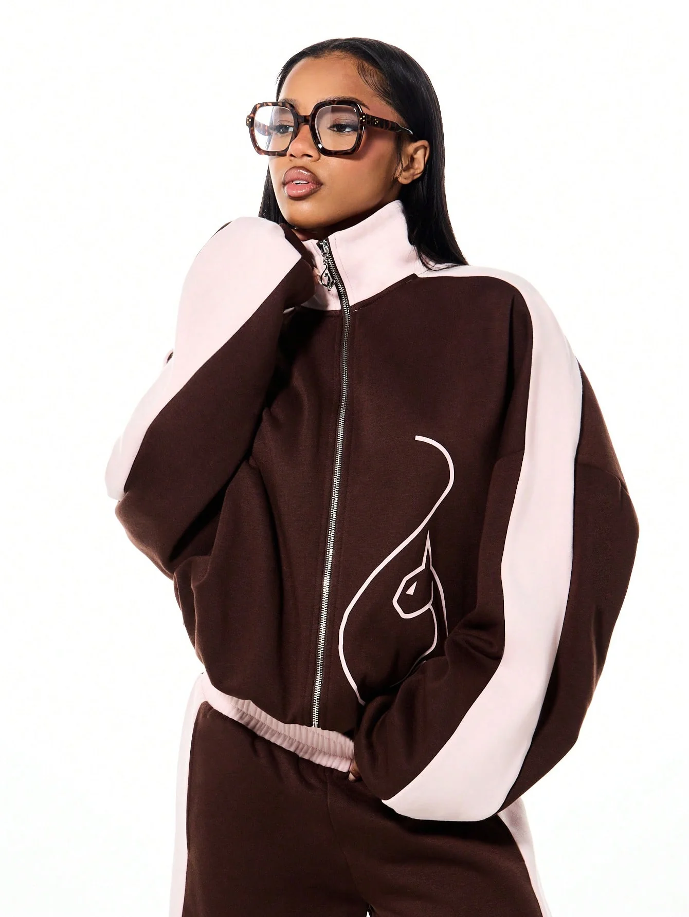 Funnel Neck Color Block Zip Up Sweatshirt