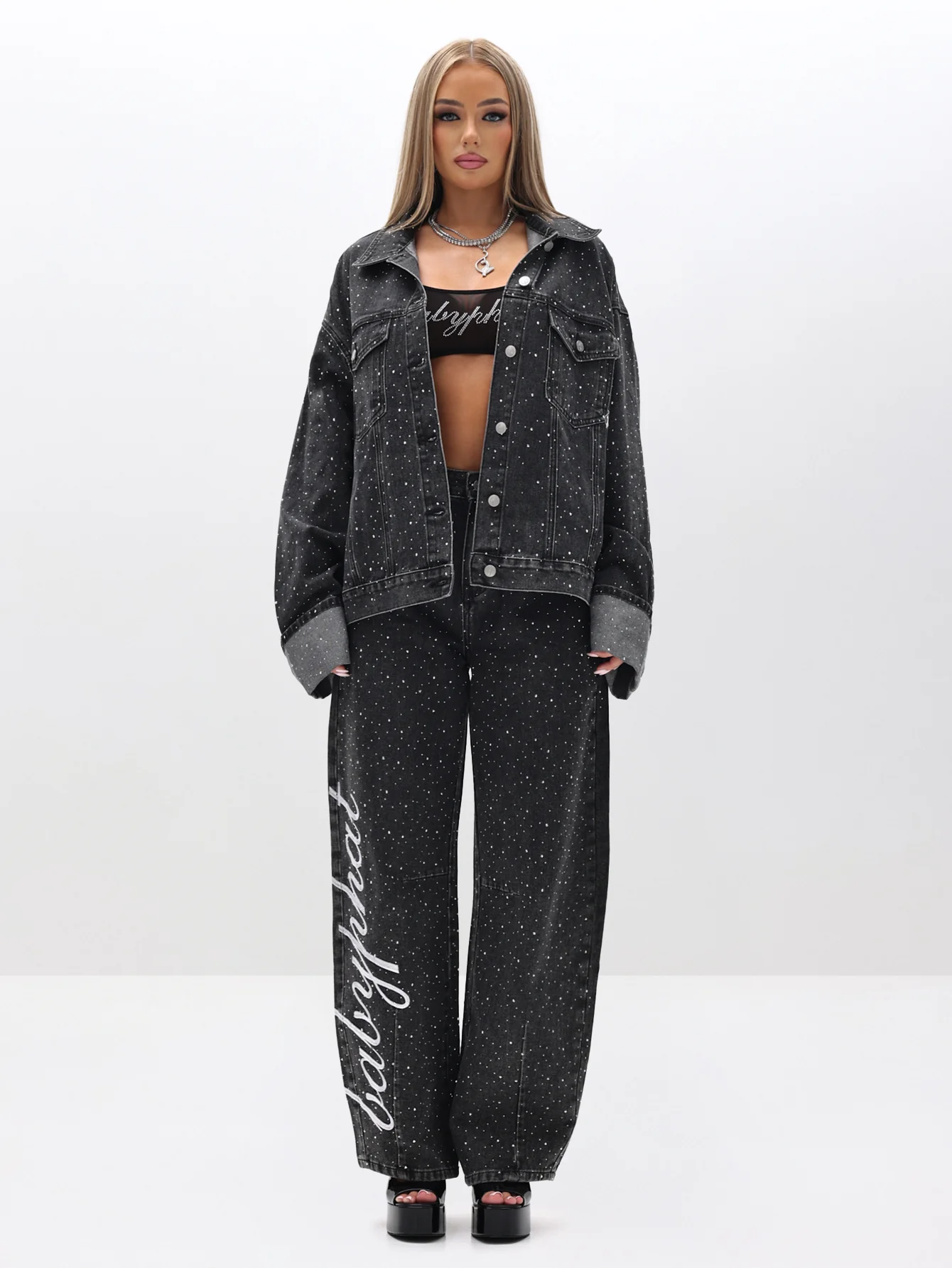 Oversized Rhinestone Denim Jacket