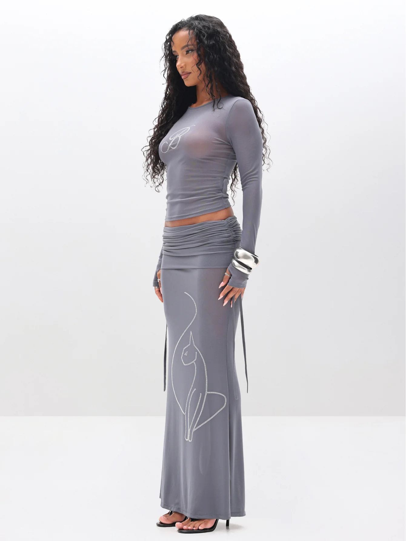 Ruched Mesh Maxi Skirt with Rhinestone - Image 2